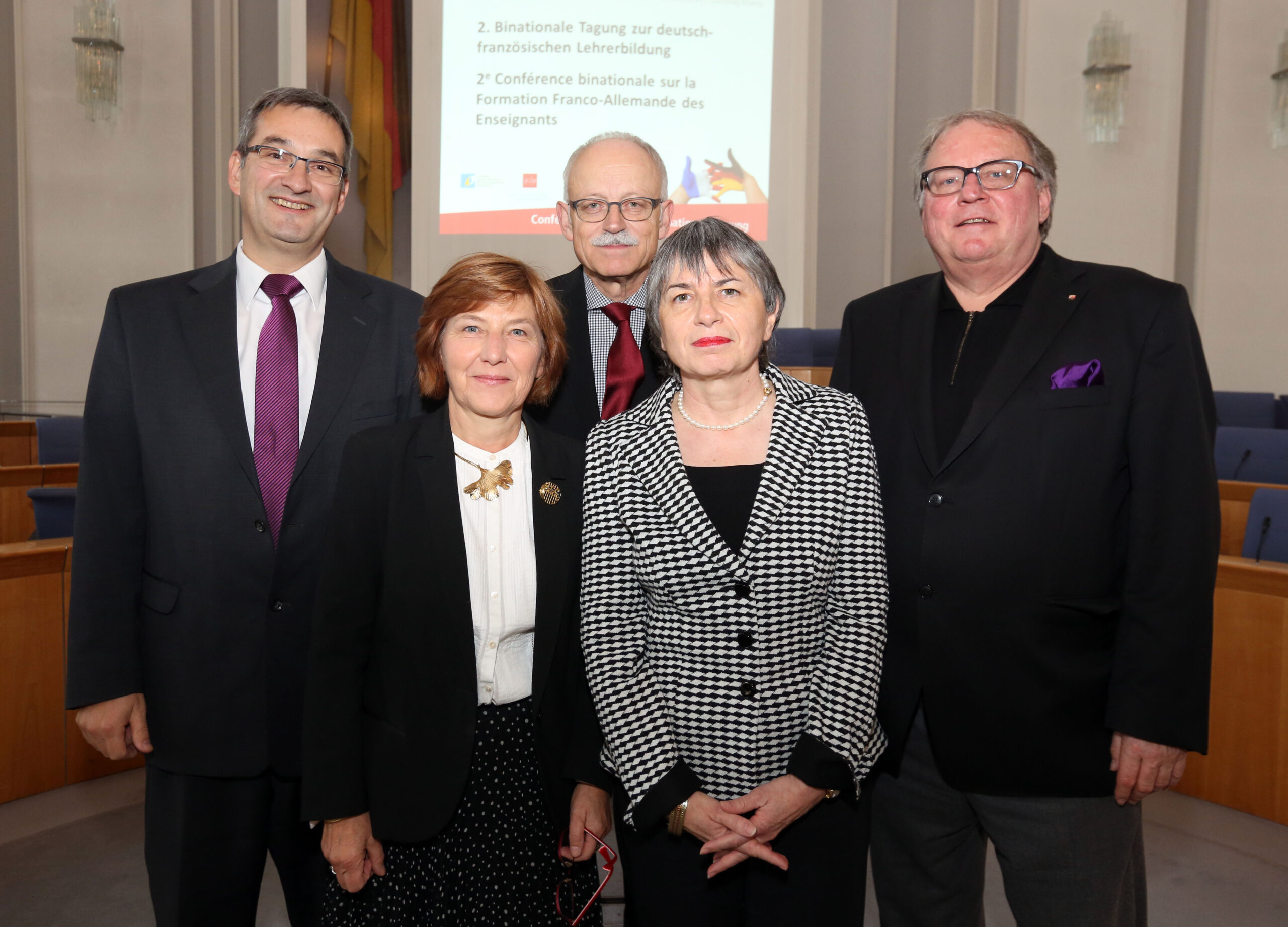 Peter Greisler (BMBF), Dr. Marie-Geneviève Gerrer (Vice-présidente de l‘Université de Bourgogne, Dijon), Dr. Wolfgang Bach (Ministerialdirigent a.D.), Prof. Dr. Mechthild Dreyer (Vizepräsidentin der Johannes Gutenberg-Universität Mainz), Staatssekretär Walter Schumacher